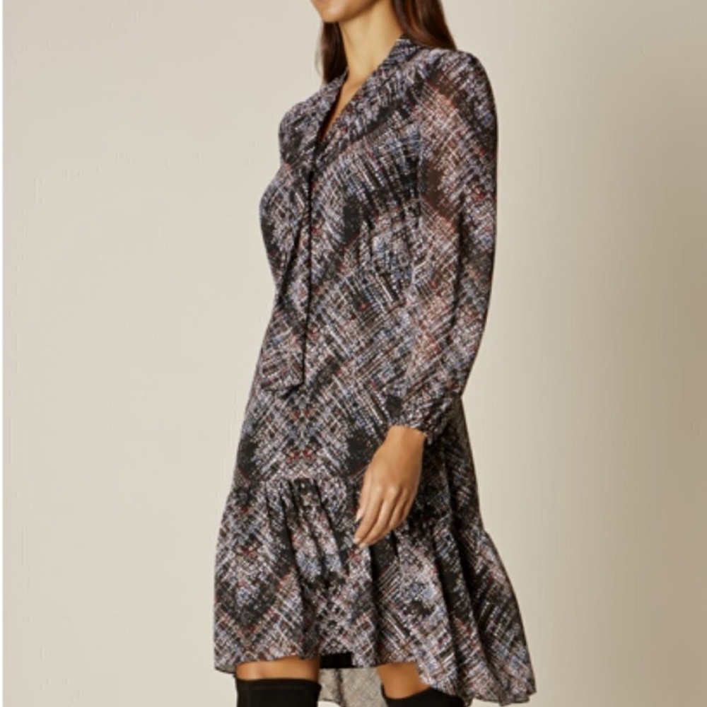 Karen Millen Black Abstract Plaid Patterned Tie Neck Dress. Size 2